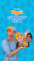 Blippi holding a tablet featuring Blippi and Meekah cartoon characters, introducing “Blippi’s Curiosity Club”