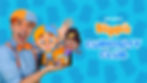 Blippi holding a tablet featuring Blippi and Meekah cartoon characters, introducing “Blippi’s Curiosity Club”