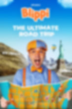 Blippi is wearing glasses, holding map, landmarks behind.  THE ULTIMATE ROAD TRIP