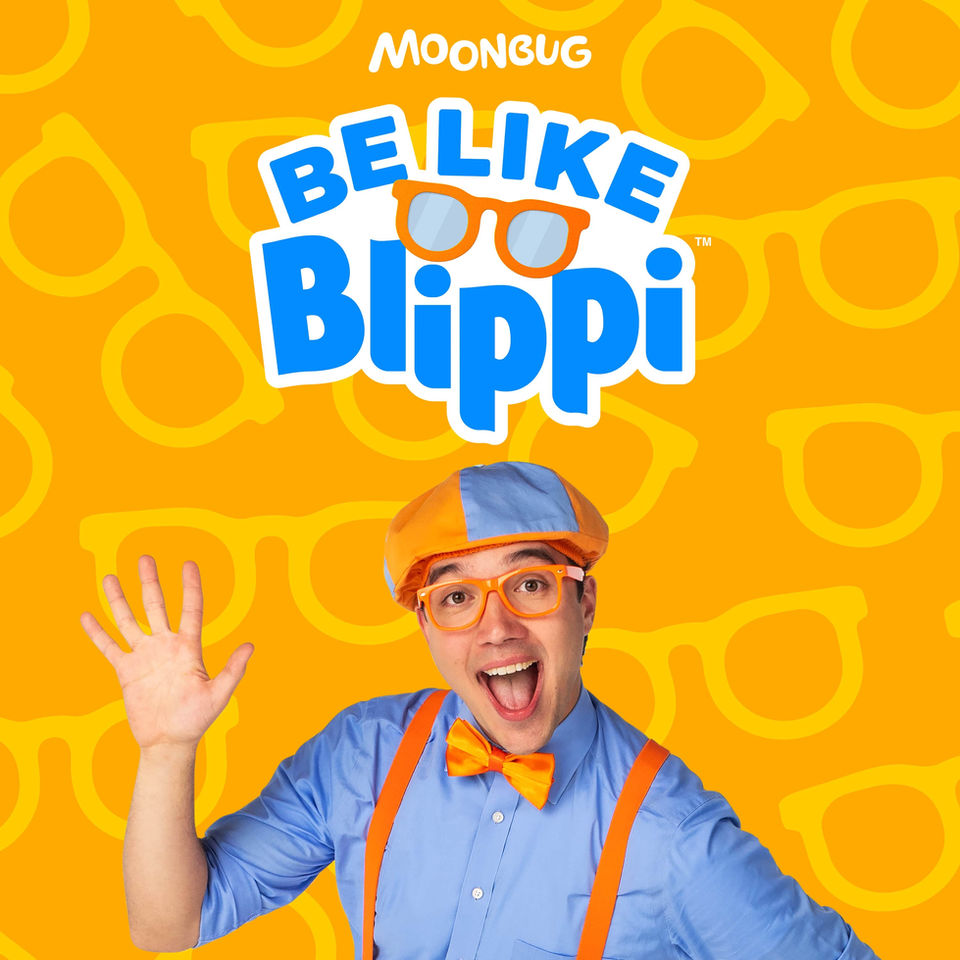 Happy Blippi with a Be Like Blippi logo on an orange glasses pattern.
