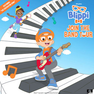 Blippi cartoon plays guitar, JOIN THE BAND TOUR, piano keys.
