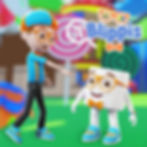 Blippi is pointing at a smiling character with the logo "Find the Blippis" Moonbug.