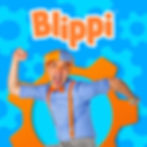 Excited Blippi in an orange and blue outfit, "Blippi" logo on a gear background.
