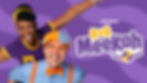 Blippi and Meekah smile on a purple wavy background. Meekah logo