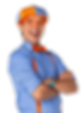 Smiling Blippi, wearing a blue shirt, orange suspenders, bowtie and glasses.