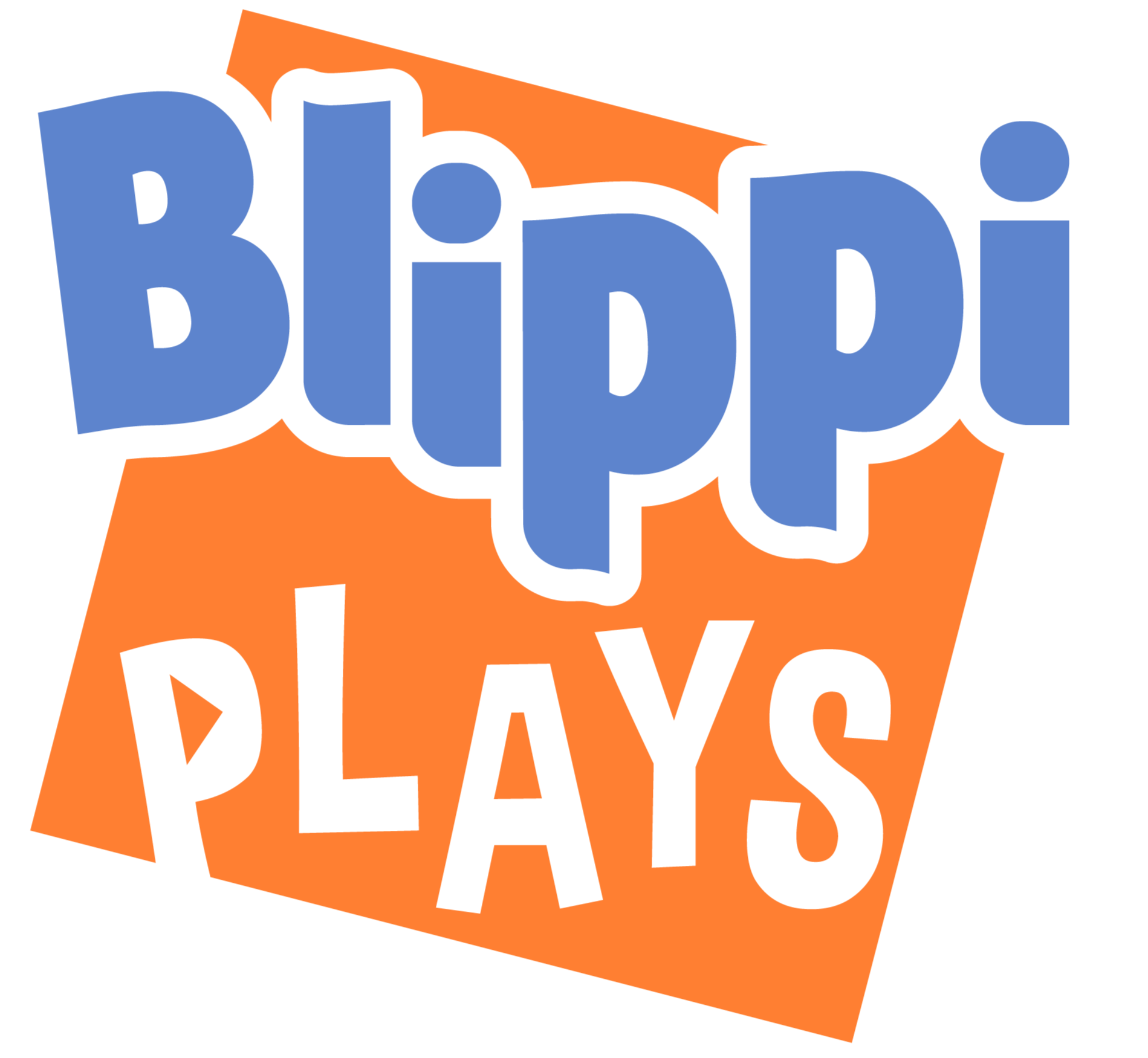 Blippi PLAYS logo, blue text on a dynamic orange background.